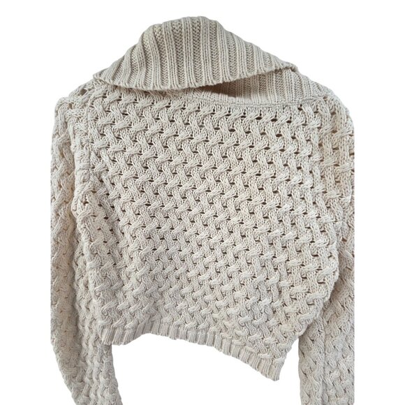 525 America Women's Cardigan Sweater Fisherman Knit Open Front Crop Cream Size M - Picture 5 of 6